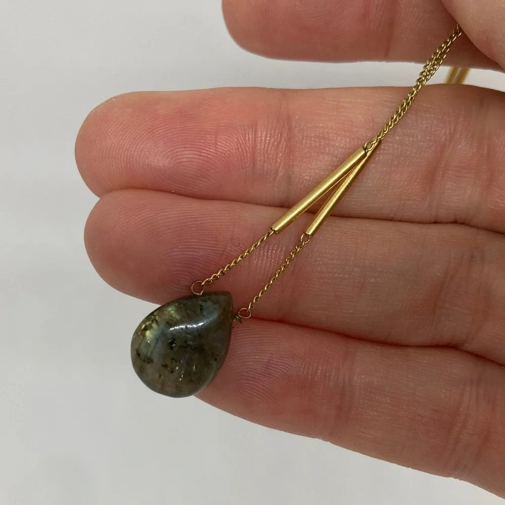 Grey/green stone necklace with gold colored chain - Picture 3 of 5